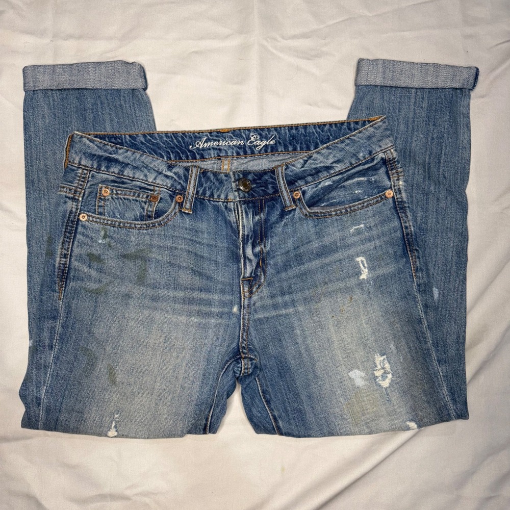 American Eagle Slouchy Jeans Womens 4 Reg Distressed Stained Medium Wash Denim - Picture 2 of 7